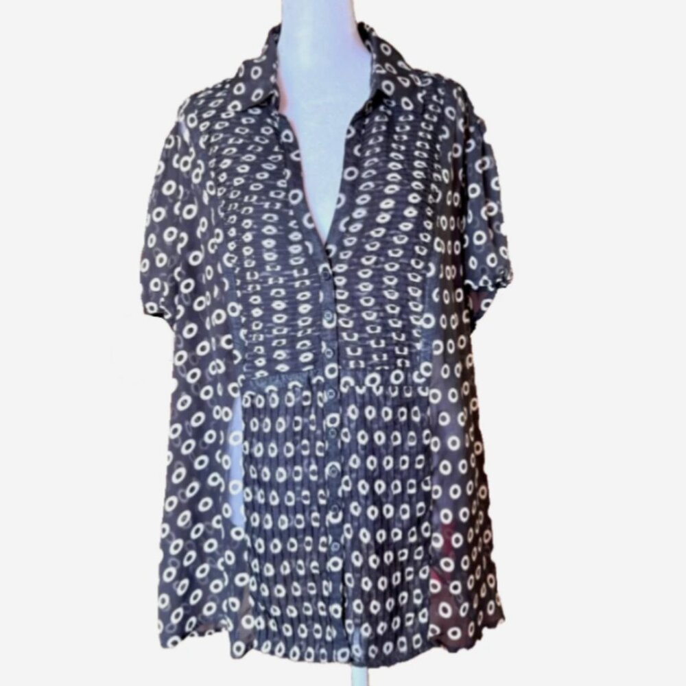 Vintage Lane Bryant Sheer Black Tan Circle Button Up Blouse Plus 22/24